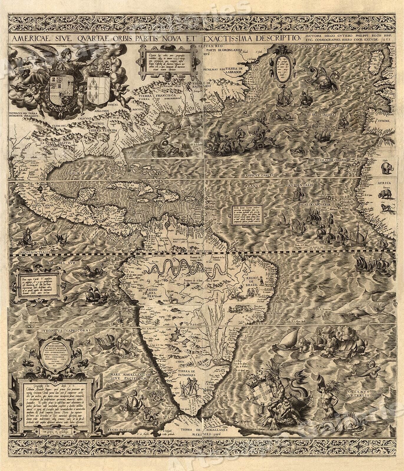1562 America New World Map Exploration Art Print 24x28 Te Sheshi