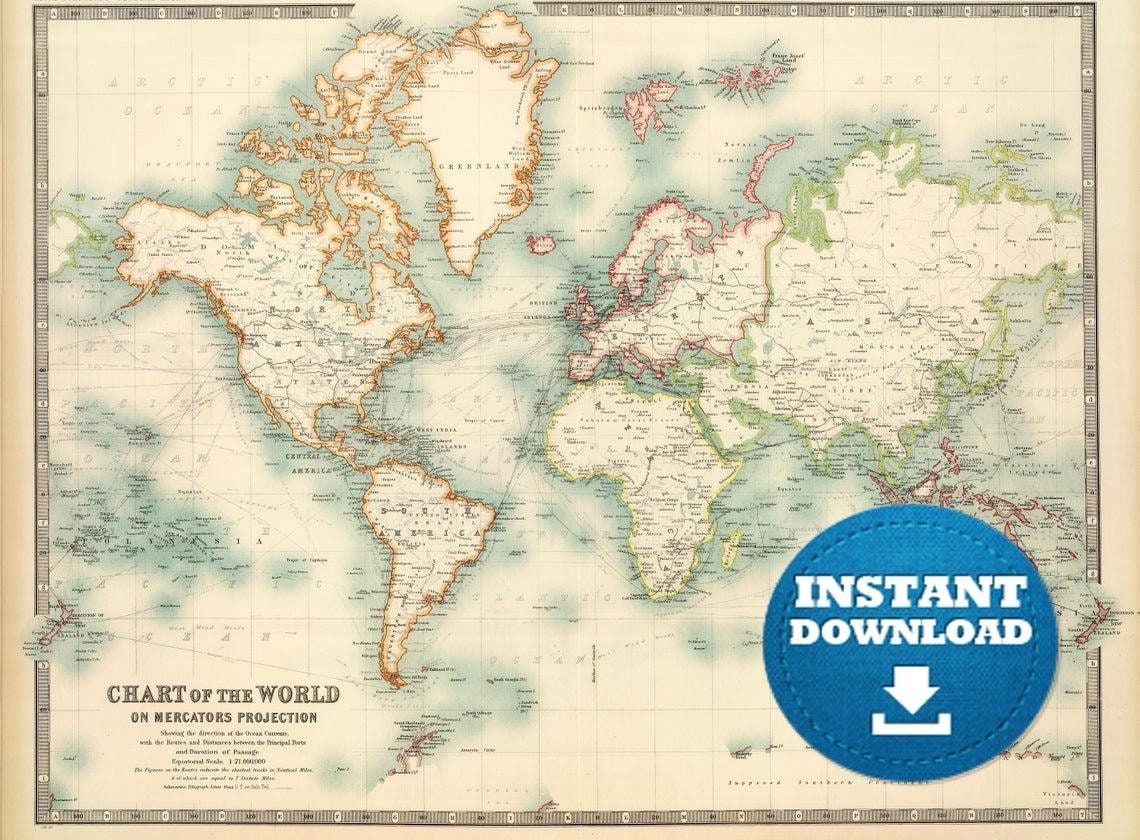 Digital Vintage World Map Printable Download Antique World Map
