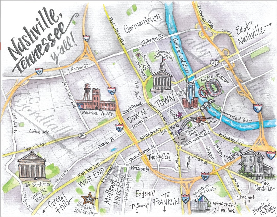 Downtown Nashville Map Watercolor Illustration Print Digitally Printed On White Linen Stock Hand Drawn Map Tennessee Etsy UK