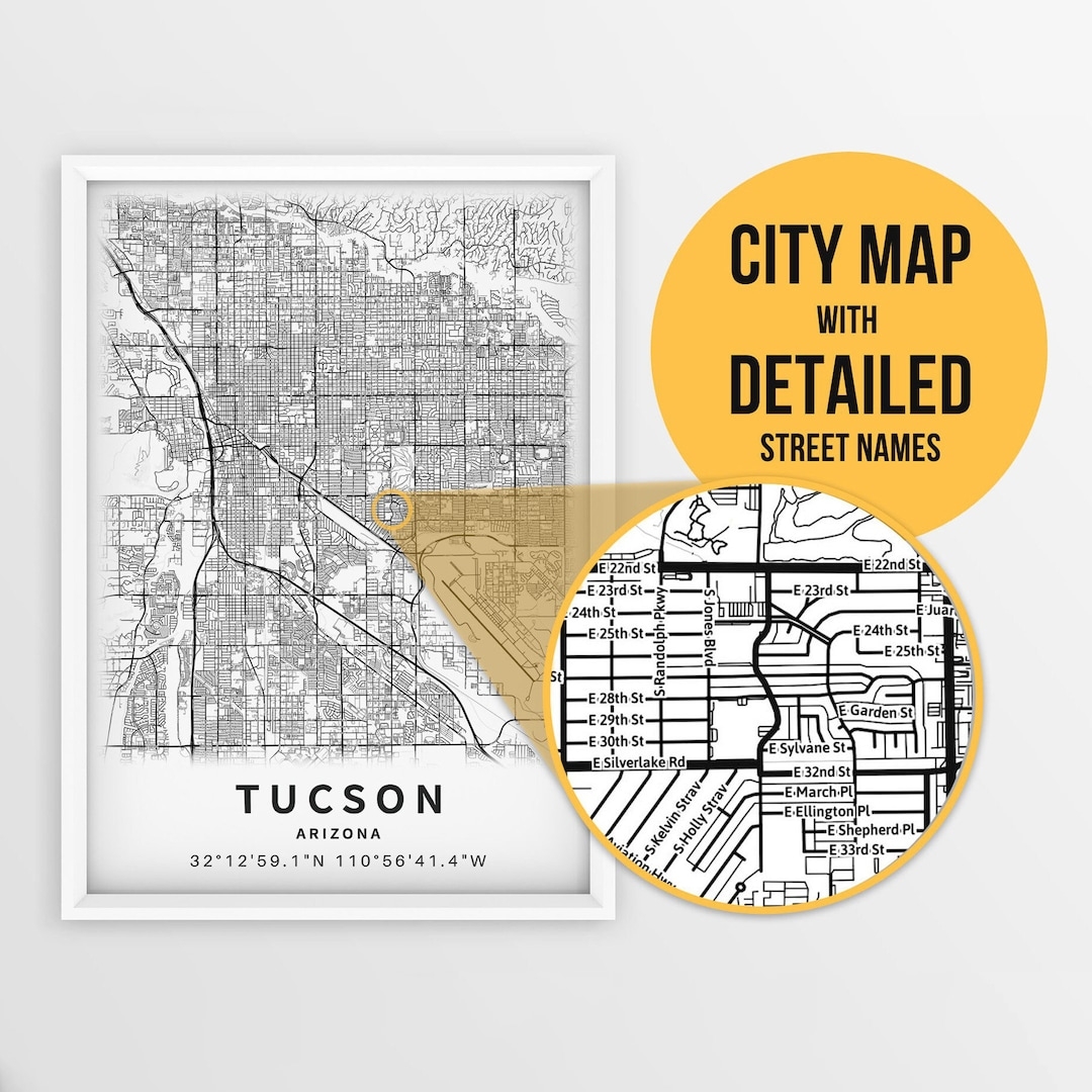 Printable Map Of Tucson Arizona USA With Street Names Instant Download City Map Travel Gift City Poster Road Map Print Map Art Etsy