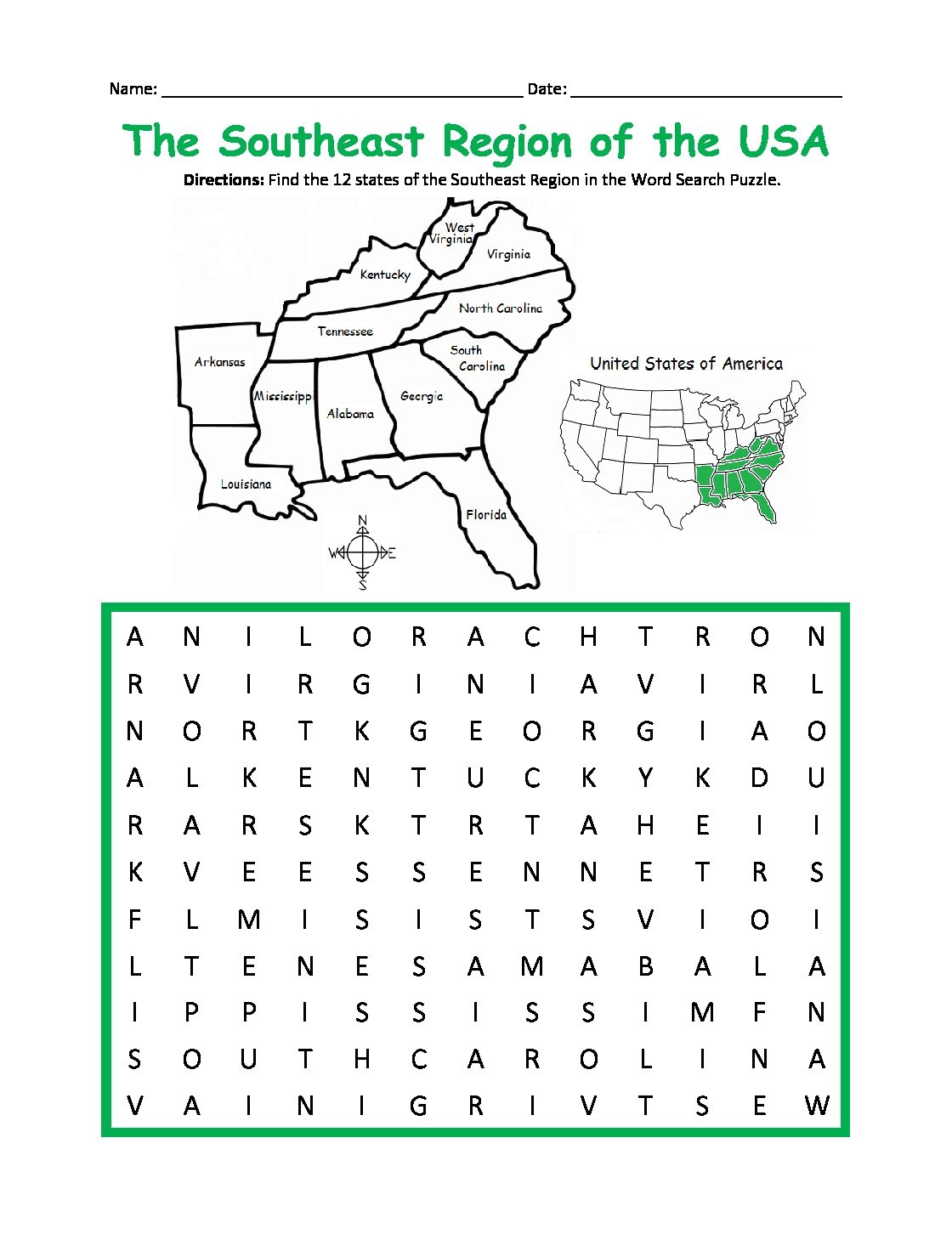 Southeast Region Of The United States Printable Map And Word 