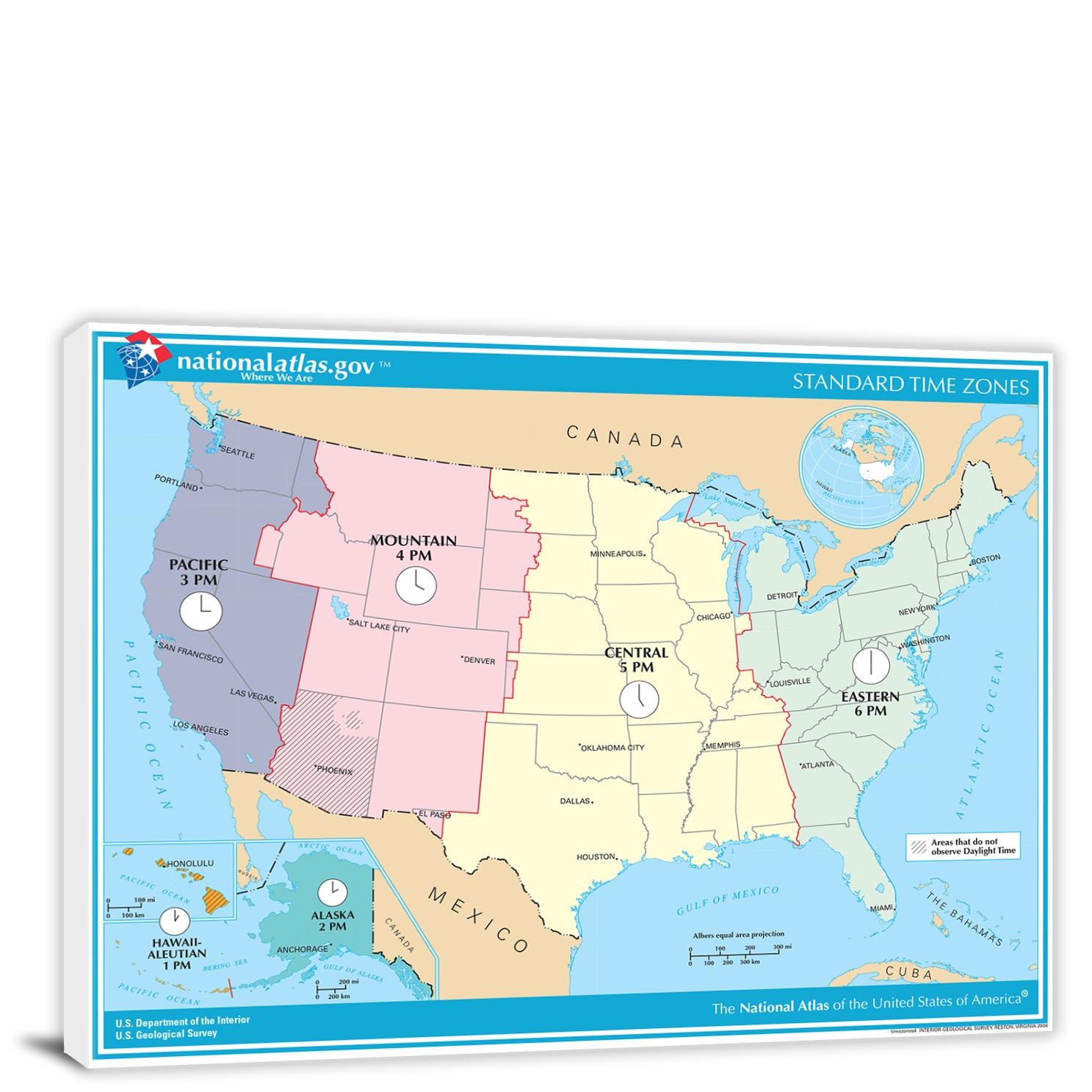 USA National Atlas Standard Time Zones Map 2022 Canvas Wrap